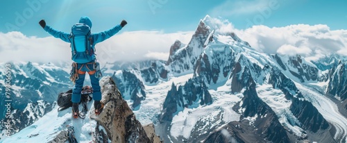 An alpinist conquering a mountain peak is captured in jubilant celebration, waving ecstatically against the backdrop of snow-capped peaks. photo