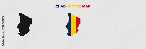 Chad Map Vector Pack. Map with Flag. Gray Map Silhouette. Gray Outline Map. Editable EPS file.