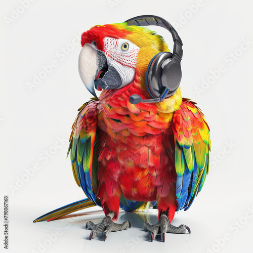 A parrot wearing headphones is sitting on a white background.