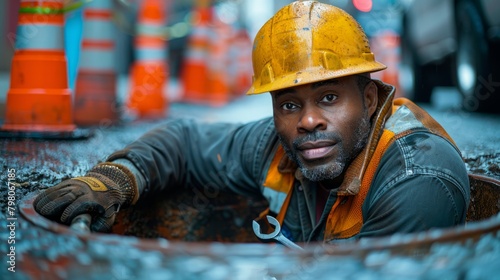 A worker adeptly navigates the repair of a manhole, demonstrating his expertise amidst the hustle of the city street. photo