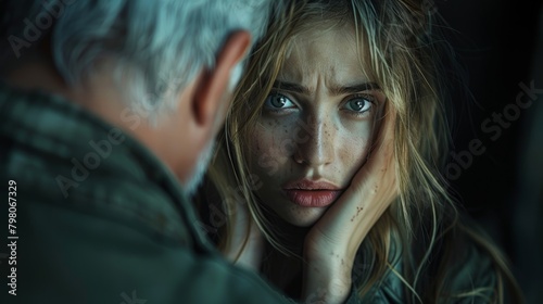 A fearful young woman is held captive by a maniac man, evoking a terrifying situation of violence, oppression, and utter madness