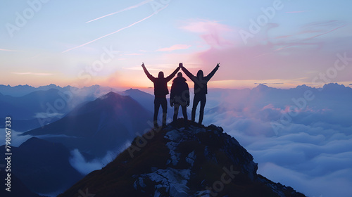 Triumphant Summit: Friends Celebrating atop a Mountain amidst a Breathtaking Sunset