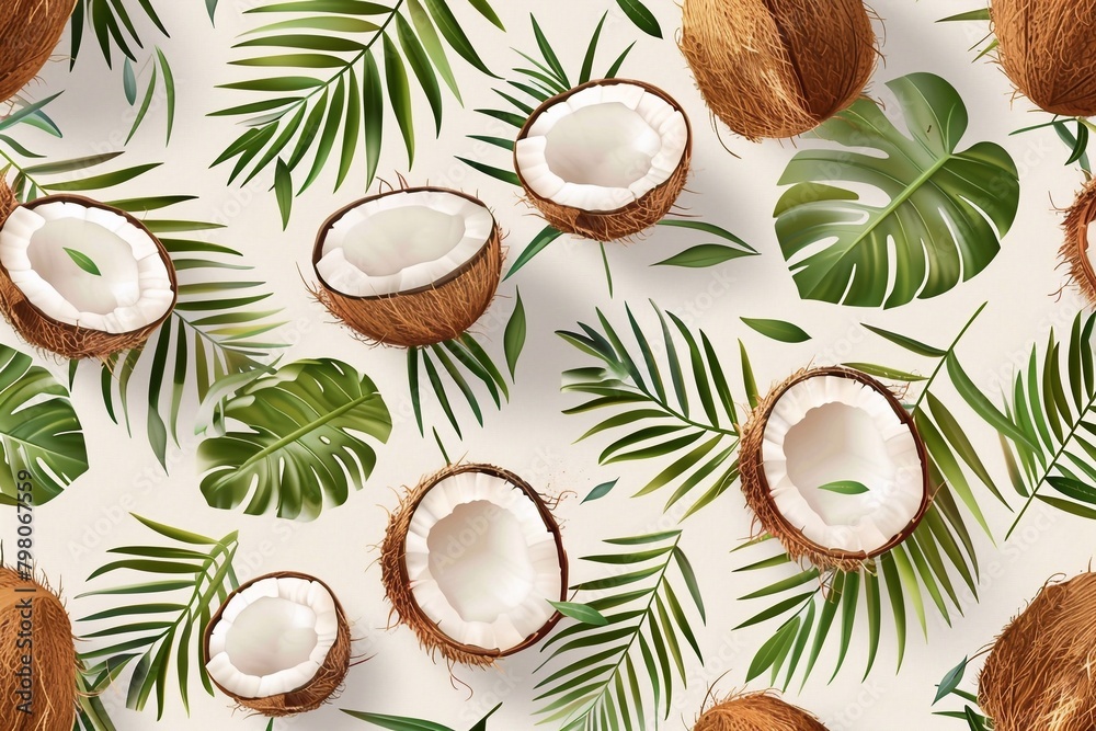 Seamless pattern with coconuts and tropical leaves. Design for clothing, bedding, underwear, pajamas, banner, textile, poster, card and scrapbook