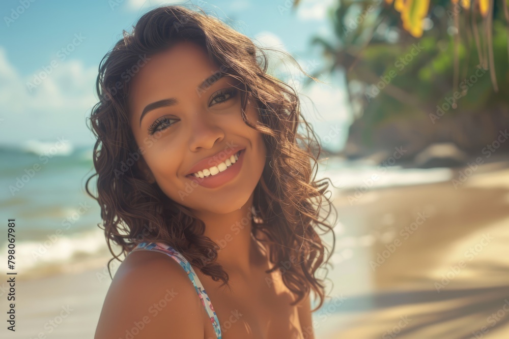 Beautiful happy smiling Latin American young woman on the tropical beach. AI Generated