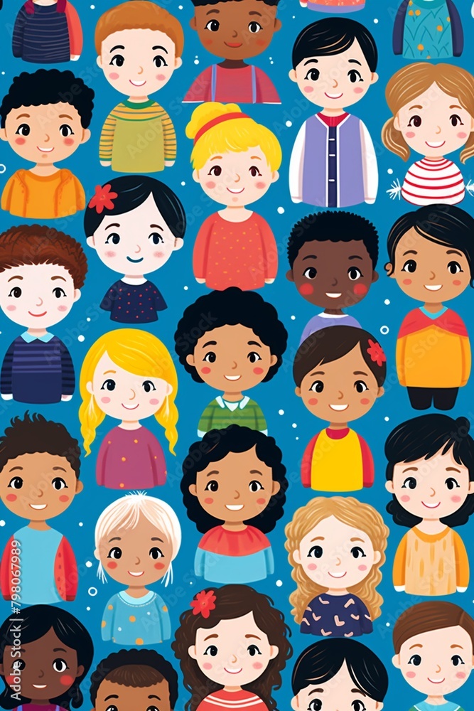 Diverse kids portraits, vibrant individual backgrounds, for inclusive textile designs , flat graphic drawing Diverse kids portraits, vibrant individual backgrounds, for inclusive textile designs , flat graphic drawing