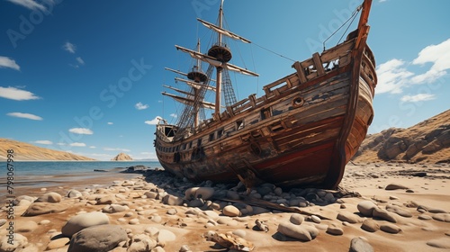 An old wooden ship sits upon the sandy beach  showcasing the skeleton of a once majestic vessel.