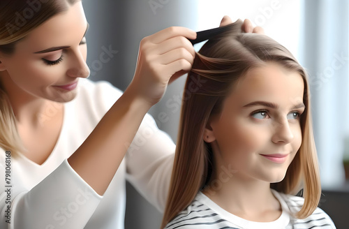 Female hairdresser doing hairstyle to girl