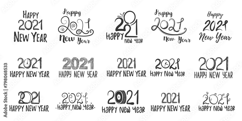 PNG, Big set of 2021 Happy New Year logo text design in hand drawn style. Design concept for Chinese New Year holiday card, banner, poster, decor element. Winter Christmas holiday symbol. Vector.
