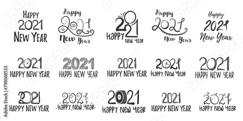 PNG  Big set of 2021 Happy New Year logo text design in hand drawn style. Design concept for Chinese New Year holiday card  banner  poster  decor element. Winter Christmas holiday symbol. Vector. 