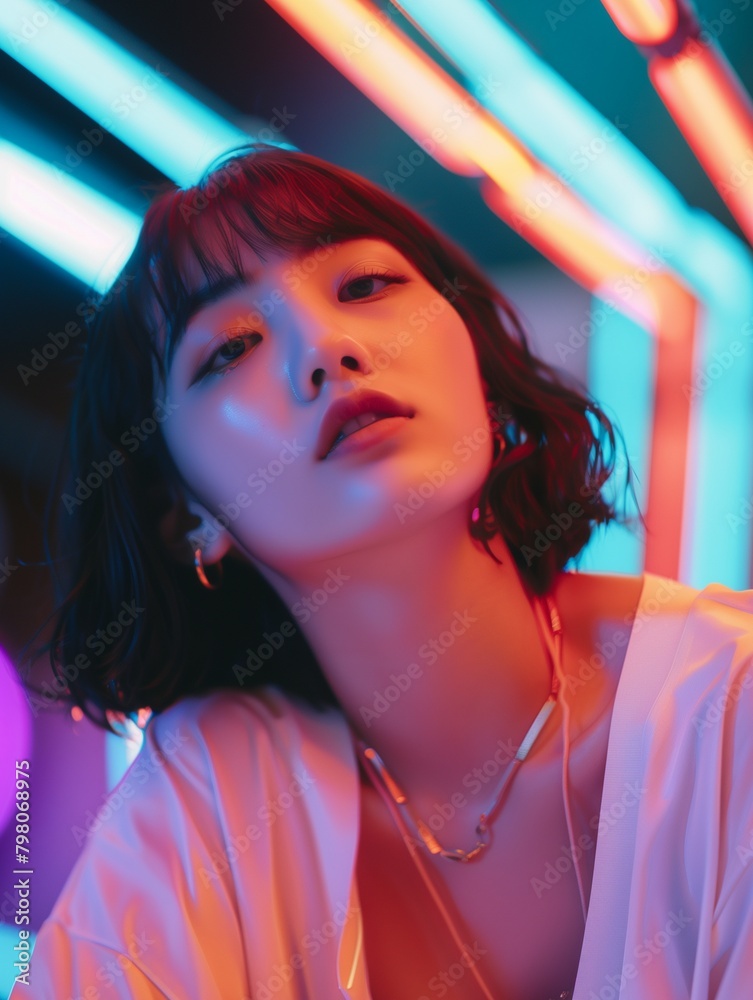 Naklejka premium A Beautiful Girl in the Party | Club | Light and Sound | Asian Girl