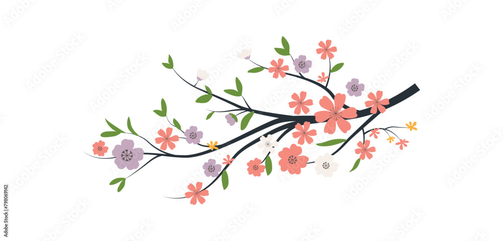Spring flowers tree branch, blossom floral isolated on white background, garden leaves tree branch vector illustration