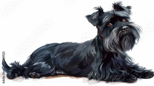This image features a striking illustration of a black Schnauzer dog with detailed fur texture and expressive eyes