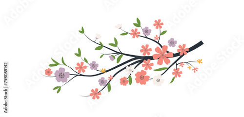 Spring flowers tree branch, blossom floral isolated on white background, garden leaves tree branch vector illustration © ABC Vector