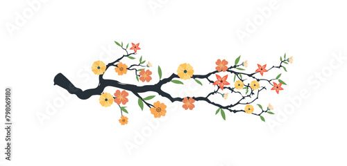 Spring flowers tree branch  blossom floral isolated on white background  garden leaves tree branch vector illustration