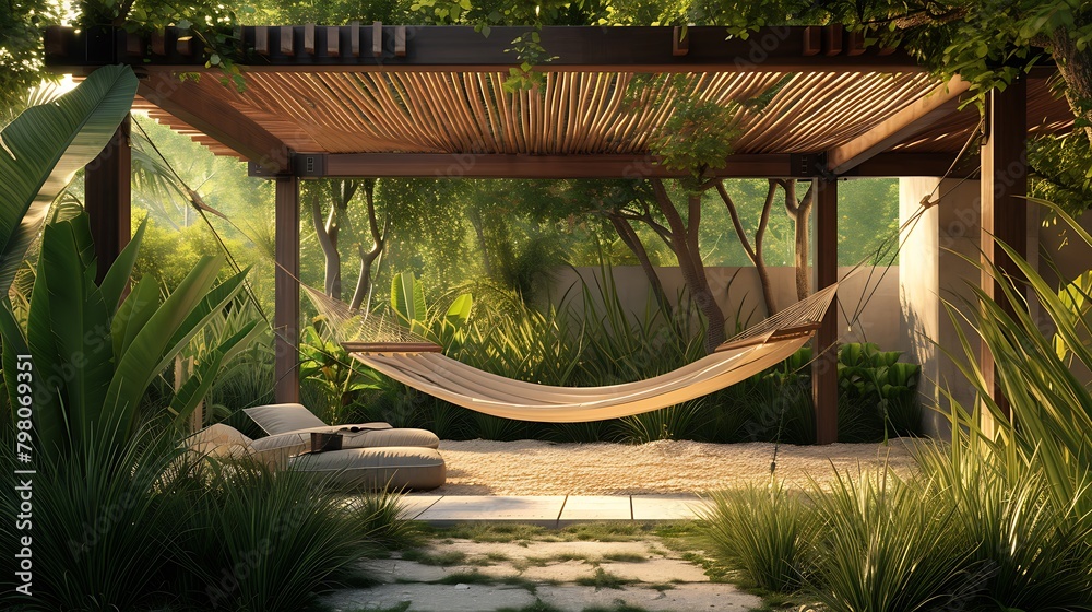 A secluded hammock area framed by tall grasses and a wooden pergola, ideal for relaxation