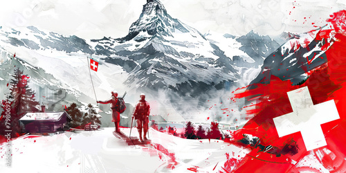 Swiss Flag with a Chocolate Maker and a Mountain Guide - Visualize the Swiss flag with a chocolate maker representing Switzerland's chocolate industry and a mountain guide 