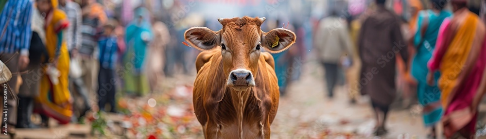 A cow is standing in the middle of a busy street with people walking around it