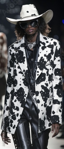 A woman in a black and white cow print jacket is walking down a runway photo