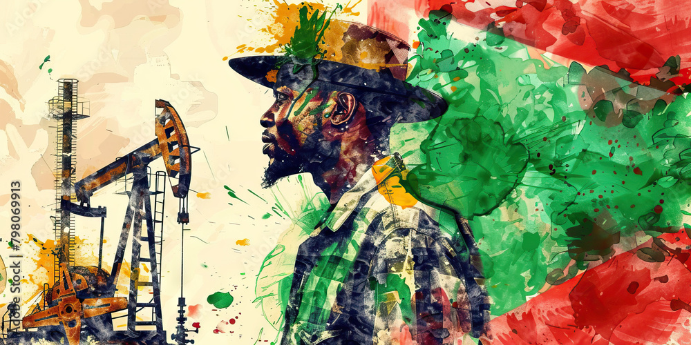 Fototapeta premium Nigerian Flag with a Nollywood Actor and a Oil Driller - Picture the Nigerian flag with a Nollywood actor representing Nigeria's film industry and an oil driller