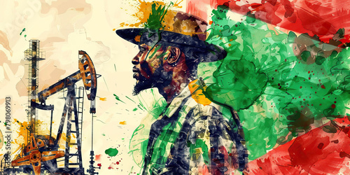 Nigerian Flag with a Nollywood Actor and a Oil Driller - Picture the Nigerian flag with a Nollywood actor representing Nigeria's film industry and an oil driller