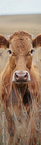 A brown cow is standing in tall grass