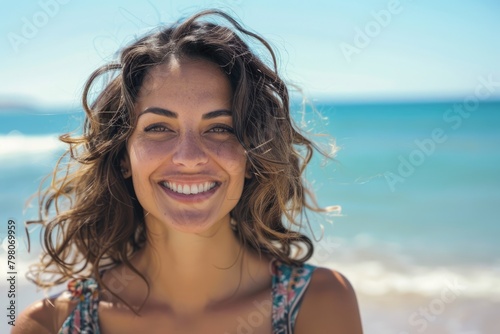 Beautiful happy smiling lady in her 30s on the ocean beach. AI Generated