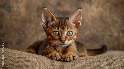 A brown tabby kitten lounges comfortably, gazing into the distance with a soft, patterned backdrop enhancing its warm fur tones