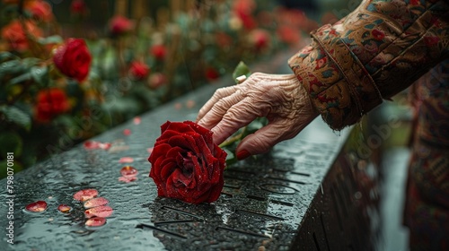 A poignant photograph of a widow touching the engraved name of her late husband at a war memorial, a single rose clutched in her other hand, expressing deep personal loss