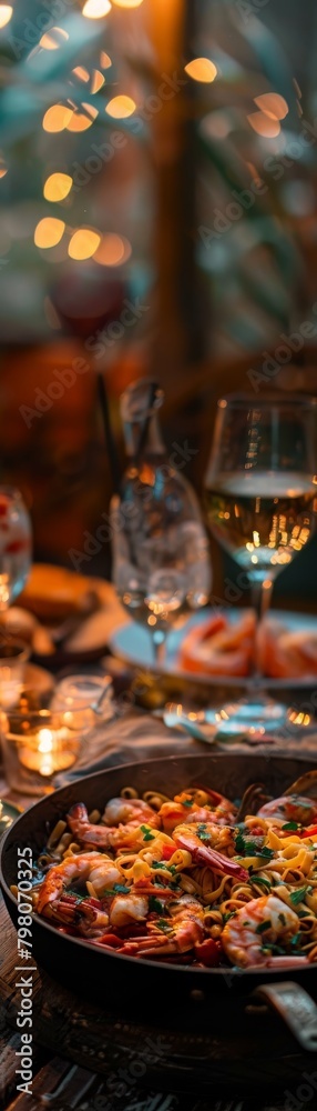 A table with a plate of food and wine glasses