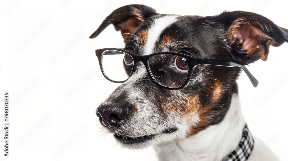 Close-up of a focused dog wearing eyeglasses, isolated on a white background, symbolizing pets getting an education