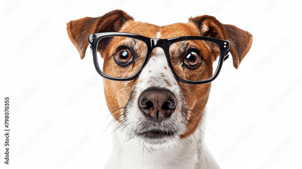 Close-up of a focused dog wearing eyeglasses, isolated on a white background, symbolizing pets getting an education