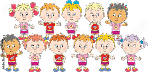 Funny little girls and boys in colorful sportswear doing morning exercises at a gymnastic training, vector cartoon illustration on a white background