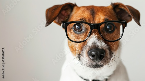 Close-up of a focused dog wearing eyeglasses, isolated on a white background, symbolizing pets getting an education photo