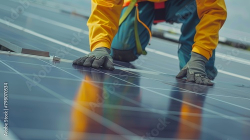Close-up of a solar power engineer installing panels on a roof, demonstrating technical expertise and safety gear