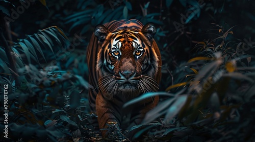 Majestic tiger prowling through the dense jungle  © Cetin