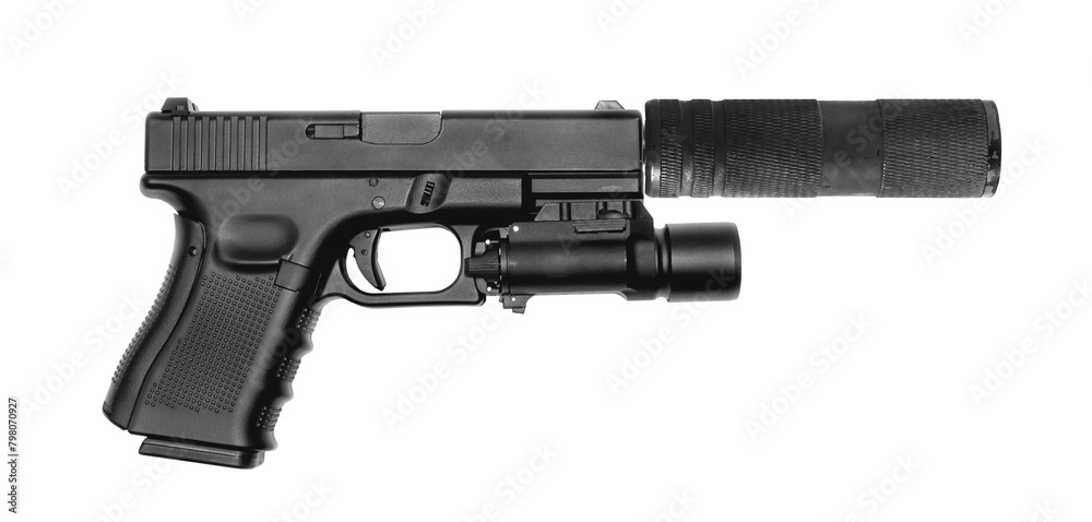 Close - up on Semi-Auto Pistol handgun attach flashlight, Shooting the pistol cartridge transparent.