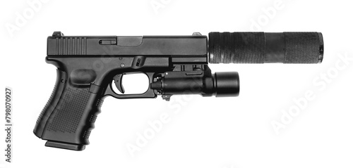 Close - up on Semi-Auto Pistol handgun attach flashlight, Shooting the pistol cartridge transparent.