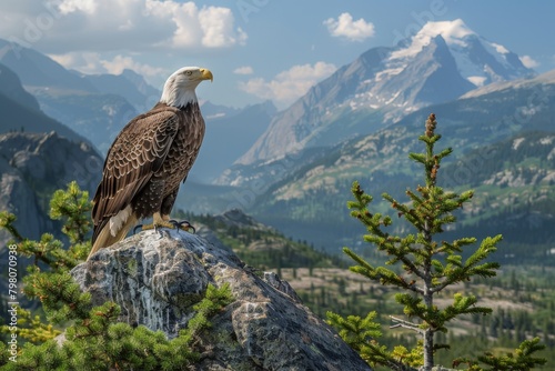 serene mountain landscape An eagle in flight catching fish from a lake,Bald eagle flying swoop hand draw and paint color on white background. Bald eagle in flight on isolated background photo