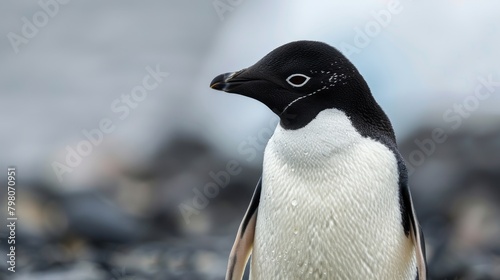 A penguin gazes into the distance standing on rocky terrain  blending into the dark stones and muted tones