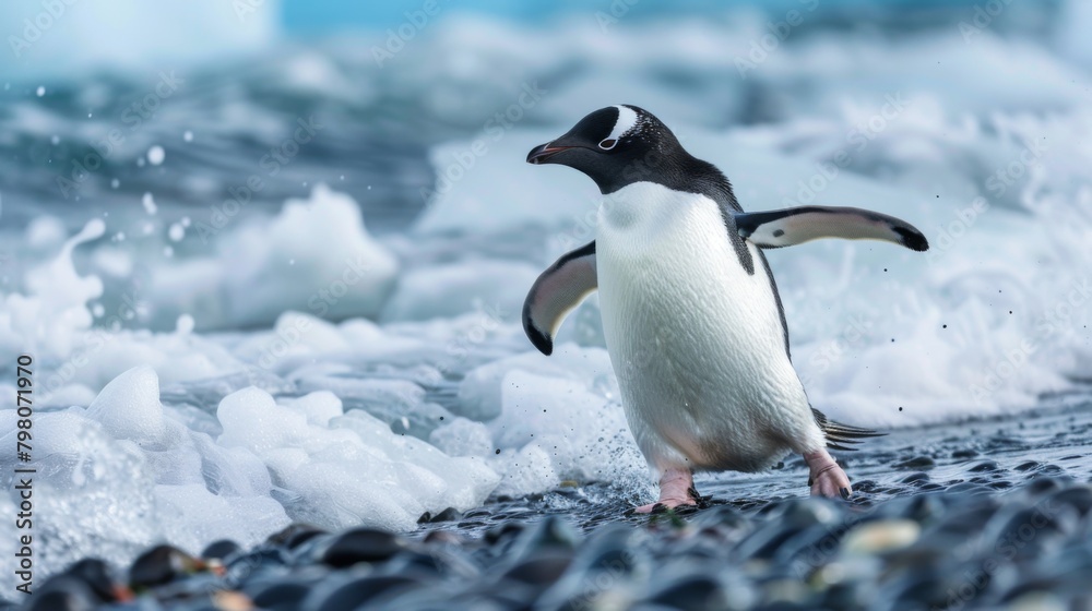 Fototapeta premium A penguin appears joyful as it stands amidst vibrant and foaming ocean waves on a rocky, pebbled shore
