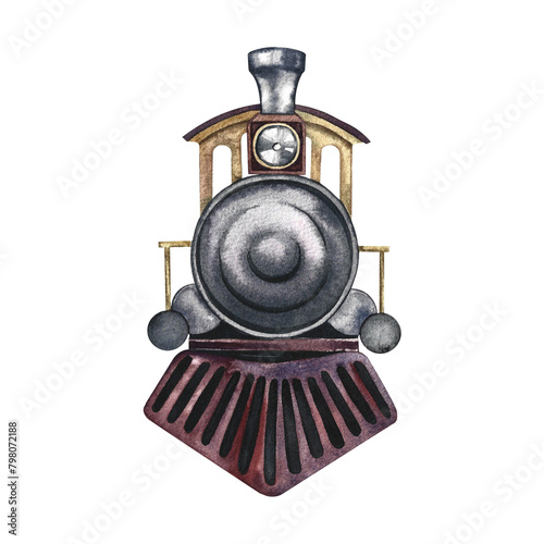 Vintage retro steam locomotive, front view. Watercolor illustrations are made by hand, in isolation. For banners, flyers, posters. For prints, stickers, postcards and tickets.