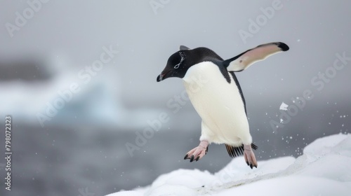 A lone Adélie penguin propels itself into the air, seeming to defy gravity as it jumps onto a snow bank