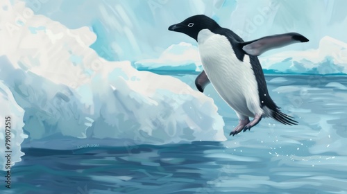 An artistically rendered image of an Adelie penguin  digitally painted to evoke the feeling of the Antarctic terrain