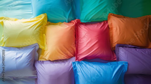 colorful flat lay of rainbow bed sheets and pillowcases neatly arranged photo