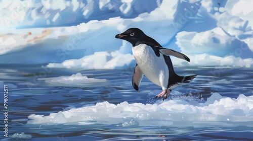 The vibrant image showcases a solitary penguin hopping on a melting ice floe