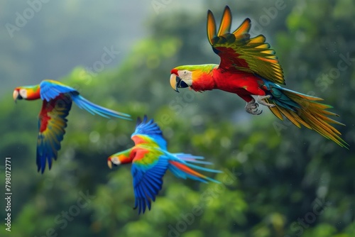 colorful parrot perched on a vibrant tropical flower  detailed texture of feathers  in a lush rainforest setting Blue and yellow Macaw in front  red  Scarlet macaw parrot flying isolated