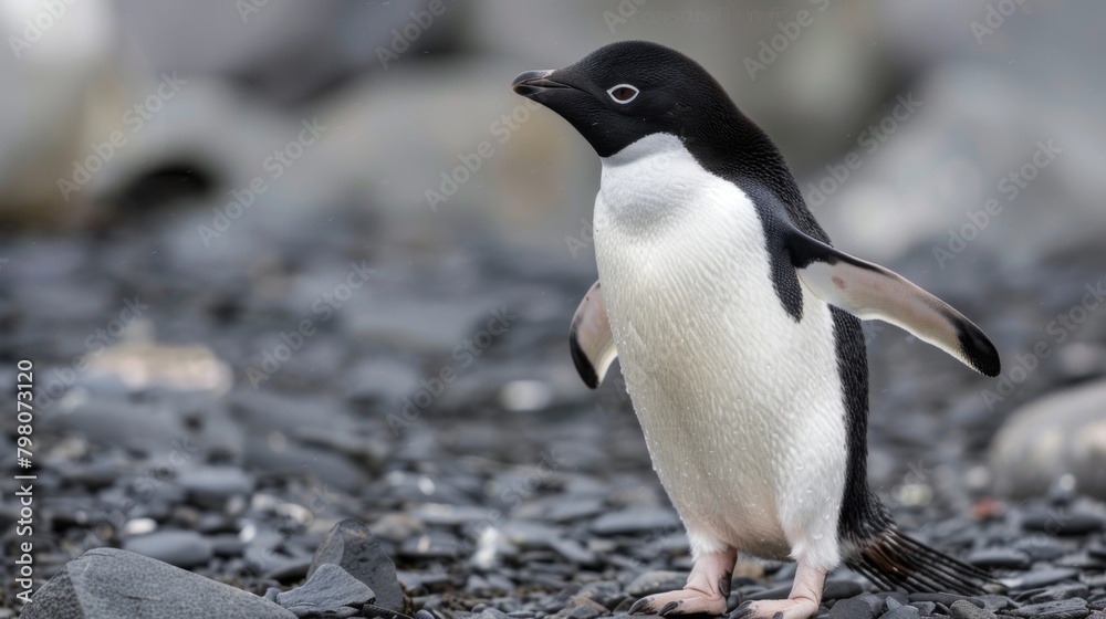 Fototapeta premium A lone Adelie Penguin stands among grey rocky terrain in the stark and frigid Antarctic environment