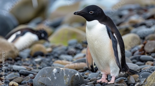 An Adelie Penguin looks off into the distance while standing on a pebble-covered beach in its natural habitat