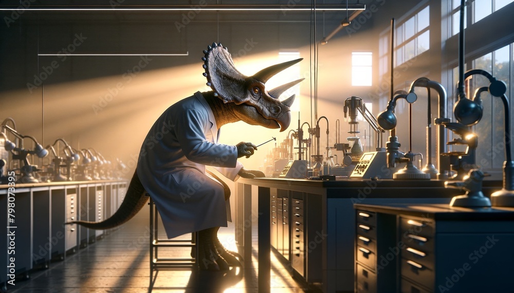A triceratops wearing a lab coat is working in a laboratory. A triceratops wearing a lab coat is working in a laboratory.