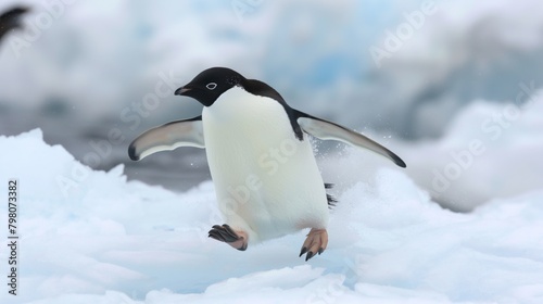 This engaging shot captures an Adelie Penguin mid-stride on a snowy expanse  epitomizing survival in extreme elements